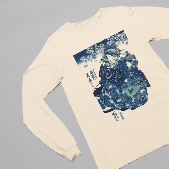 Japanese Courtesan VTG Ukyio-e Print Long Sleeve Graphic Tee T-shirt S M L XL - Picture 2 of 6